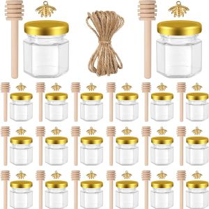 Kit de Tarros de Miel de Vidrio Hexagonal con Abejas y Cucharas, Tapas Doradas, Regalos de Devolución de Bodas y Fiestas de Cumpleaños, 45ml, 20 Unidades