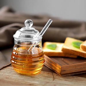 Pots Pot de miel réservoir en nid d'abeille en verre Unique outils de cuisine conteneur de stockage avec trempette pot de miel en verre Transparent distributeur de miel
