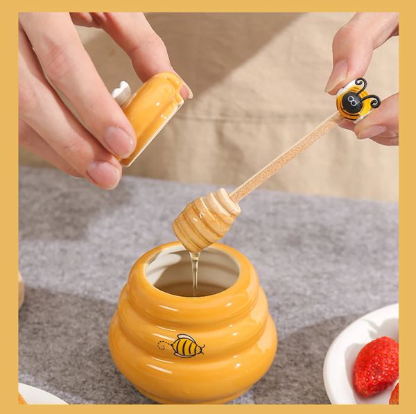 Frascos para miel, colmena de cerámica y cucharón de madera, tarro para miel con tapa, barra para agitar miel, suministros para tarros de miel, accesorios de cocina