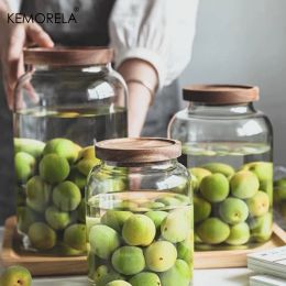 Bocaux KEMORELA 3L bocaux en verre de cuisine avec couvercle hermétique en acacia pour farine et sucre récipient de nourriture pour bébé verre Transparent résistant à la chaleur