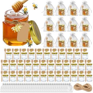 Pots Mini pots de miel faveurs de fête hexagone petits pots de miel en verre avec trempette, couvercles dorés, pendentifs d'abeille mignons, sacs cadeaux et jute