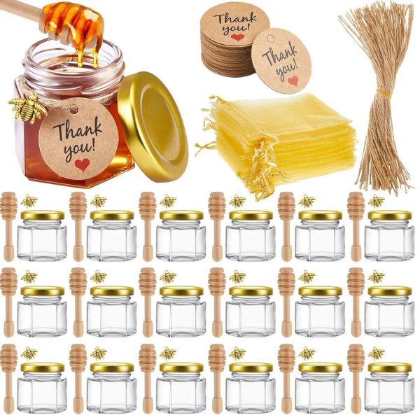 Pots Mini pots de miel avec cuillère à miel, couvercle doré, pendentifs d'abeille, sacs cadeaux et jutes, parfaits pour les cadeaux de fête prénatale, de mariage