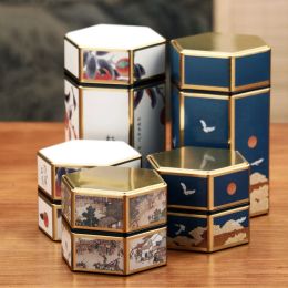 Potten NIEUWE TINPLATE TEA CADDY HOUSE SANDERDE CANDY BOX Chinese metaal kan hexagonale opbergta -tank kleine draagbare organisator verpakkingsdoos