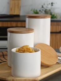 Pots Pot de stockage en porcelaine blanche nordique avec couvercle en bois divers récipient à grains ménage en céramique scellé pot à thé décoration artistique
