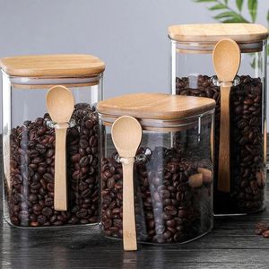 Frascos de botellas de almacenamiento frasco de vidrio con cuchara de madera tapa sellada de madera recipiente de alimentos transparente