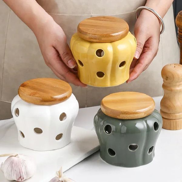 Bocaux Jar de rangement d'ail en céramique blanc avec couvercle jar de rangement creux exquis