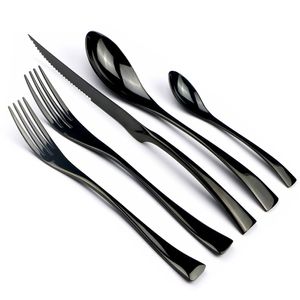 JASHII 5 Pcs Noir En Acier Inoxydable Vaisselle Plaque Argenterie Dîner Couteaux À Steak Dessert Fourchettes Cuillère À Café Vaisselle Couverts Ensemble T200430