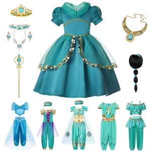 Jasmine Dress Up Aladdin Princess Girl Fancy Disfrave para niños Ropa de cumpleaños de la fiesta de cosplay de Halloween 220519