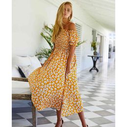 Jastie Boho Floral Print Off The Shoulder Jurk Elastische Lijfje Korte Mouw Zomer Jurken Dames Casual Beach Jurk Vestidos 210419