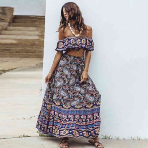 Jastie Indie Folk 2 Stuk Set Dames Navy Floral Print Set Summer Jurk Strapless Crop Top Maxi Rok Gypsy Beachwear Suit 210419