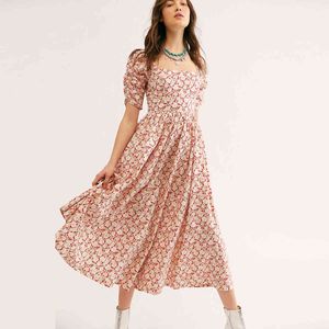 Jastie Summer Pink Floral Print Femmes Hobe Rucy Puff Sleeve Square Cou Robes élégantes Long Femme Vestidos féminins 210419