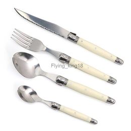 Jaswehome 4 pièces Laguiole ensemble de couverts en acier inoxydable couteaux à Steak fourchettes cuillères à soupe cuillères à café couleur ivoire vaisselle vaisselle HKD230812