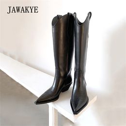 JAWAKYE NIEUW ECHT LEREN PUNTEE TOE KNIE HOOG HOOG HOOG HOOG SURBLE Kitten Heel Vrouwelijke winter Long Boots Cowboy Knight Boots 201109