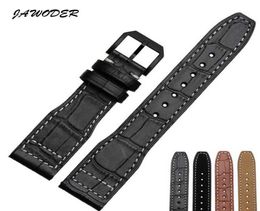 Jawoder Watchband 22 mm de granos negros de cuero liso de cuero genuino correa de la banda de acero inoxidable para Portugal Pilot4345258
