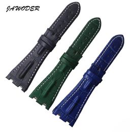 Jawoder Watchband 28 mm New Black Blue Drak Blue Line cosida impermeable Correa de banda de cuero genuina sin hebilla para Royal2022843