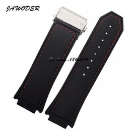 JAWODER Horlogeband 30 X19mm Mannen Rood Gestikt Zwart Siliconen Rubber Horloge Band Strap Roestvrij Staal Deployment Gesp voor HUB Big B281I