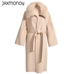 Jaxmonoy Autumn Winter Cashmere Coats for Women Real Fox Fur Collar Ladies Long Trench Oreterwear Color Couleur Femme 2023 Nouveau