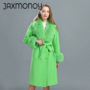 Jaxmonoy Women Cashmere Coat met luxe echte vossen kont en manchetten dames wol mix geul vol mouw met blet outmeer