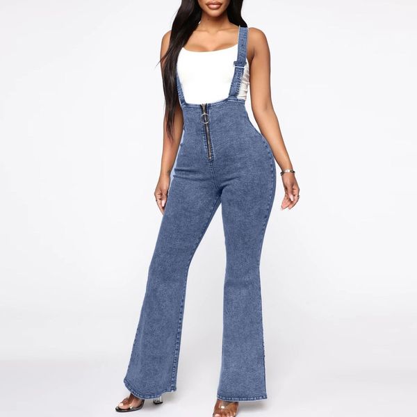 JAYCOSIN 2019 femmes mode couleur unie maigre salopette Flare jean fermeture éclair taille haute bleu foncé Vintage Sexy moulante rue 127