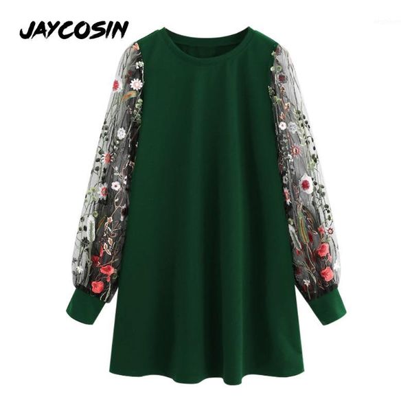 Sudaderas con capucha para mujer JAYCOSIN vestido de malla con bordado de flores cuello redondo falda de manga larga pulóver mujer Mini Otoño Invierno señora Sexy