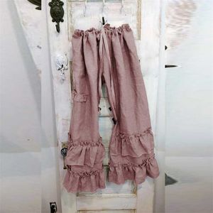 Jaycosin Pantalon Femmes Plus Taille Solide Coton Lin Plis Casual Volants Poche Lâche Pleine Longueur Poches À Cordon 211115