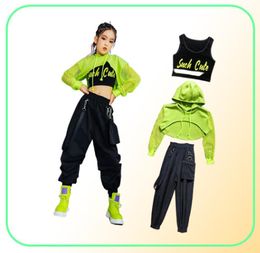Costume de jazz Hip Hop Girls Vêtements Green Tops Net Sleeve Black Hip Hop Pantalon pour les enfants Performance MODERN DANSANS BL5311 25548287