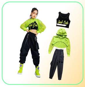 Costume de jazz Hip Hop Girls Vêtements Green Tops Net Sleeve Black Hip Hop Pantalon pour les enfants Performance Clothes de danse moderne BL5311 28090070