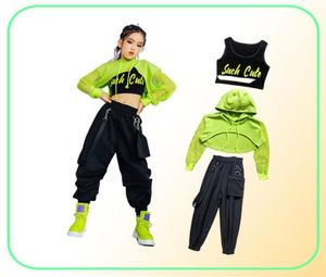 Costume de jazz Hip Hop Girls Vêtements Green Tops Net Sleeve Black Hip Hop Pantalon pour les enfants Performance MODER