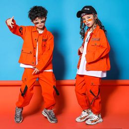 Costumes de Jazz, outillage Orange, veste à manches longues, pantalon pour garçons, vêtements de danse de rue, ensemble de danse Hip Hop, vêtements de scène pour enfants 240131