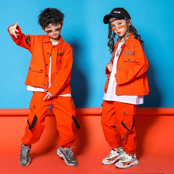 Costumes de jazz outils oranges pantalons de veste à manches longues garçons street danse vêtements hip hop dance set stce dancewear kids 240428