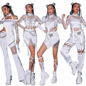 Jazz Dance Costume Femmes Sexy Blanc Dentelle Danseuse Outfit Hip Hop Vêtements Chanteur Coréen Costume De Scène Rave Wear y5AZ #
