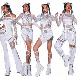 Jazz Dance Costume Femmes Sexy Blanc Dentelle Gogo Danseur Outfit Hip Hop Vêtements Chanteur Coréen Costume De Scène Dj Ds Rave Wear BL7710 q2Rz #