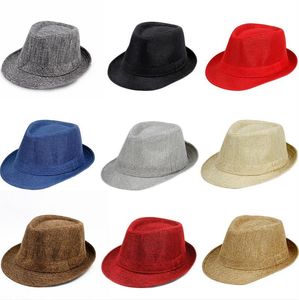 Jazz hat Panamese top hoeden katoen linnen brits zon hoed voor mannen vrouwen zomer trilby fedora caps panama beach straat cap stingy rand decoratieve 39 kleur bd7939