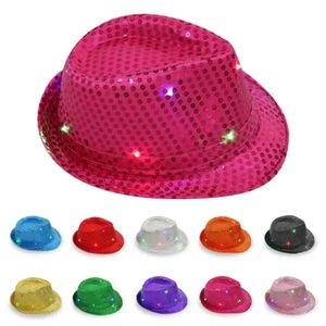 Jazz Led Up Light Fedora Flashing Trilby Sequins Caps Fancy Dress Dance Party Hoeden Unisex Hip Hop Lamp Luminous Hat FY3870