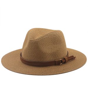 Jazz chapeau de paille femmes fête melon casquette en plein air hommes plage Protection solaire parasol grand bord Fedora chapeaux avec ceinture marron