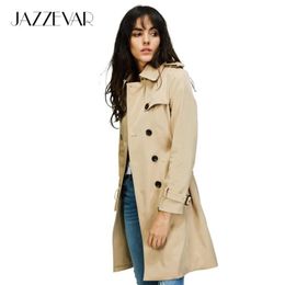 Jazzevar Autumn High Fashion Brand Woman Classic Double Breasted Trench Coat Waterdichte regenjas Business Outerwear 220812