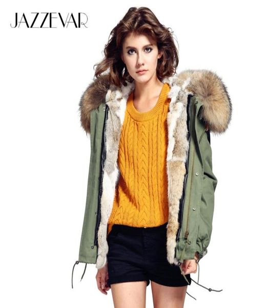 Jazzevar Fashion Woman Ejército Verde Gran Raccoon Piel Collar Agrupo con capucha Parkas Sutidas de piel desmontable Finura de invierno71058333