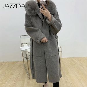 Jazzevar Winter Casual Femmes Longue Real Fox Fourrure Veste Cachemire Double Face Laine Vêtements d'extérieur Dames Manteaux à capuche surdimensionnés 201221