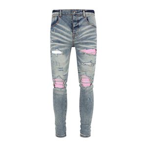 JB Street Jeans bleu clair skinny perforé rose Patch pantalon en jean Hip Hop pour hommes