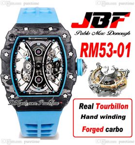 JBF 53-01 Echte Tourbillon Hand Winding Mens Watch V2 Pablo Mac Donough Carbon Fiber Skeleton Dial Blue Rubber Strap Watches Super Edition Puretime