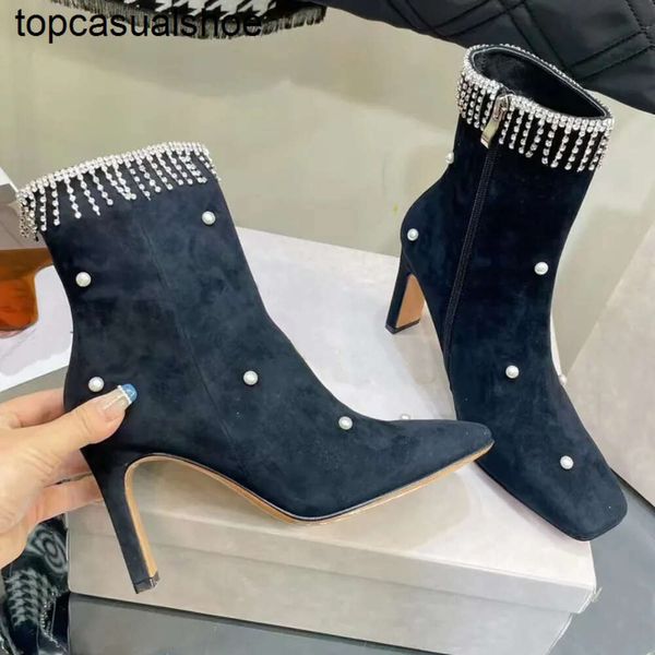 JC Jimmynessity Choo Boots Square Head Designer Fashion Luxury Sexy Reulte en cuir Perle Upper Drill Chain Boots
