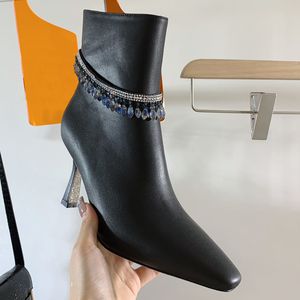 JC Jimmynessity Choo Ladies Boots Crystal Lamp Decoratie schoenen Kwaliteit Kleine vierkante kop Hoge hak Booties Luxe ontwerpers
