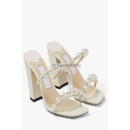 JC Jimmynessity Choo Zapatos Zapatos de alta calidad Sandalias Amara Lxuxry para mujeres Mulas de cuero Nappa Pearl Bloque de tiras Tacones de comodidad Slipper