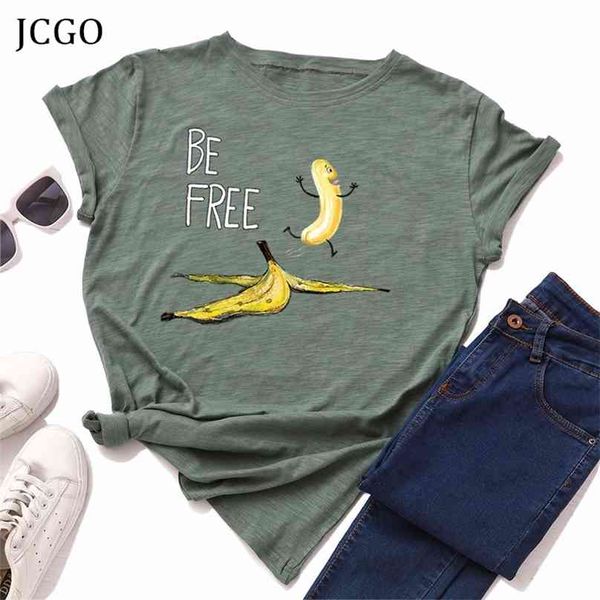 JCGO, camiseta de algodón de verano para mujer, S-5XL de talla grande, camiseta divertida de manga corta con estampado de plátano gratis, camisetas informales con cuello redondo para mujer 210720