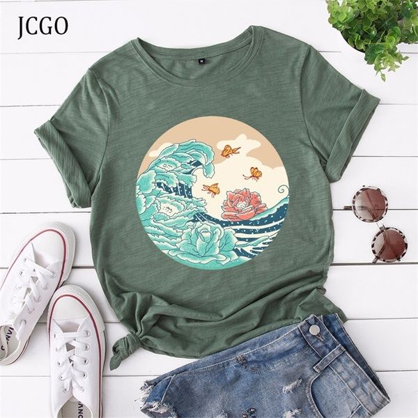 JCGO Summer T Shirt Femmes 100% Coton Grand Polyvalent S-5XL Sea Print Graphi TShirts O-Neck Manches Courtes Vintage Casual Tee Tops 220511