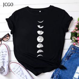 JCGO Camiseta de verano Mujer 100% Algodón Luna Planeta Impresión espacial Tallas grandes S-5XL O-cuello Manga corta Moda Casual Tee Tops T200614