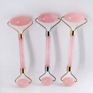 JD003 rouleau de quartz rose double tête rouleau de jade rose masseur facial métal intégré soudé avec boîte-cadeau et panneau de guasha