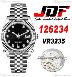 JDF Just 36 126234 VR3235 Automatische heren Watch V2 Gescuiteerde ring Black Dial Diamonds Markers Jubileesteel 904L Steel Case Bracelet Super Edition Horloges Puretime C3