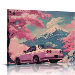 JDM Car R34 Affiche Toile Affiches Mall Affiches décor du paysage japonais Pink Cherry Blossom Mount Fuji Art mural Impressions esthétiques peinture