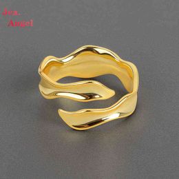 Jea.Angel 925 zilveren nieuwe golfvormige verstelbare ring eenvoudige gladde open mode creatief voor paar trendy sieraden handgemaakte G1125